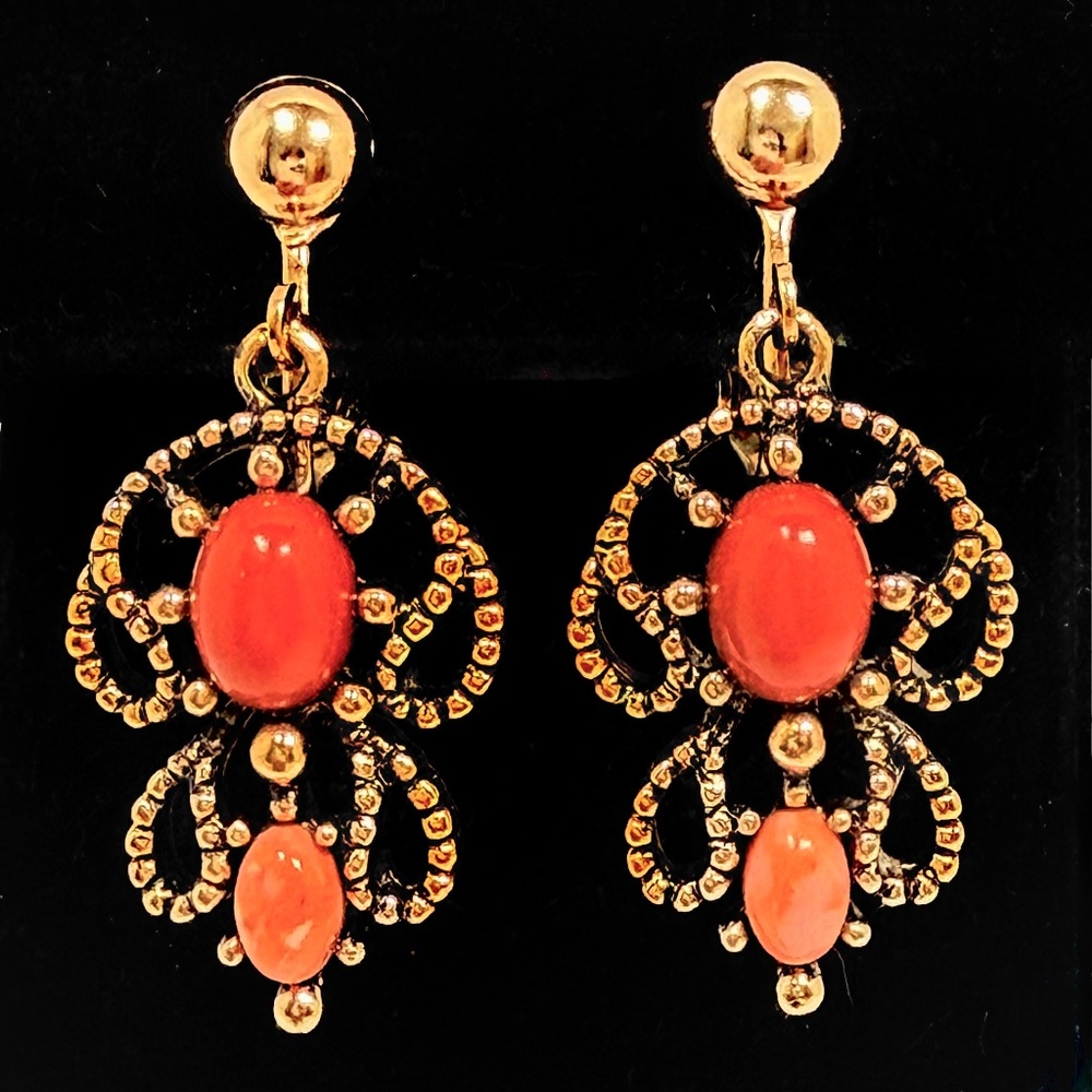 Vintage AVON Dangle Clip On  Earriigs with Faux Coral and Gold Tones
